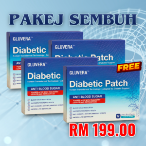PAKEJ SEMBUH ( 3 KOTAK GLUVERA DIABETIC PATCH + FREE 1 KOTAK GLUVERA DIABETIC PATCH + FREE 1 TEA GLUVERA)