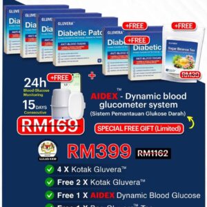 PAKEJ KONSISTEN ( 4 KOTAK GLUVERA DIABETIC PATCH + FREE 2 KOTAK GLUVERA DIABETIC PATCH + FREE 1 TEA GLUVERA + FREE 1 GLUCOMETER)