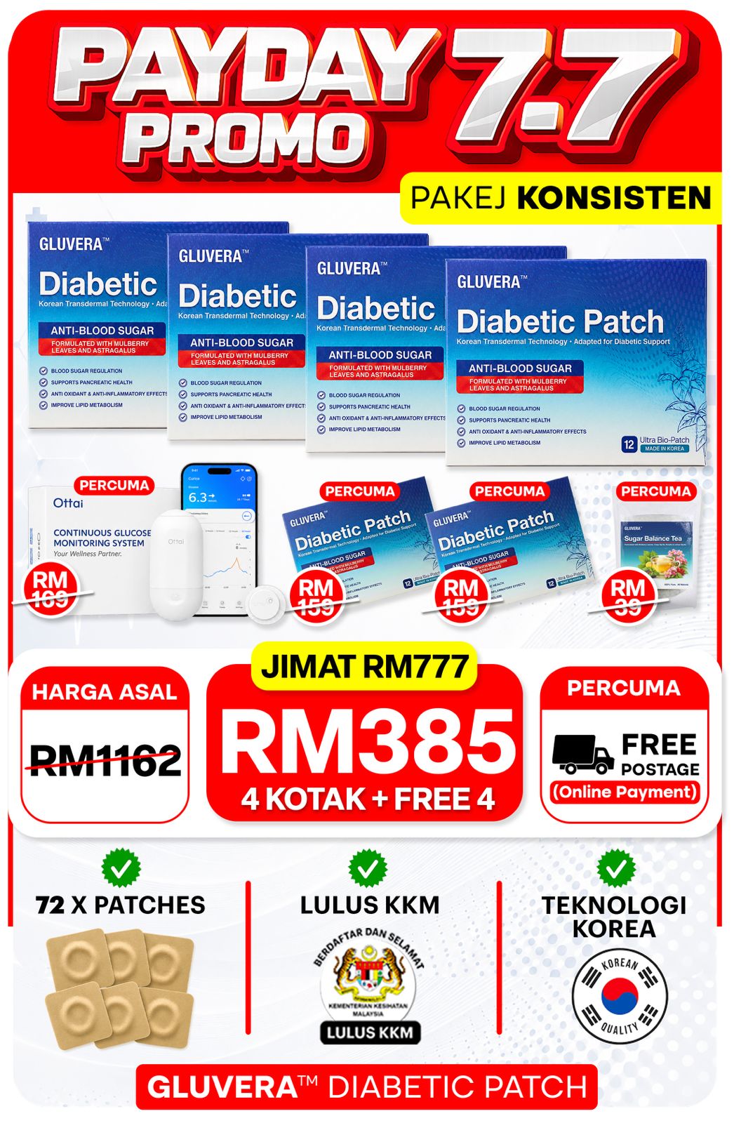 PAYDAY PROMO PAKEJ KONSISTEN (4 KOTAK GLUVERA DIABETIC PATCH + FREE 2 KOTAK GLUVERA DIABETIC PATCH + FREE 1 TEA GLUVERA + FREE 1 GLUCOMETER)